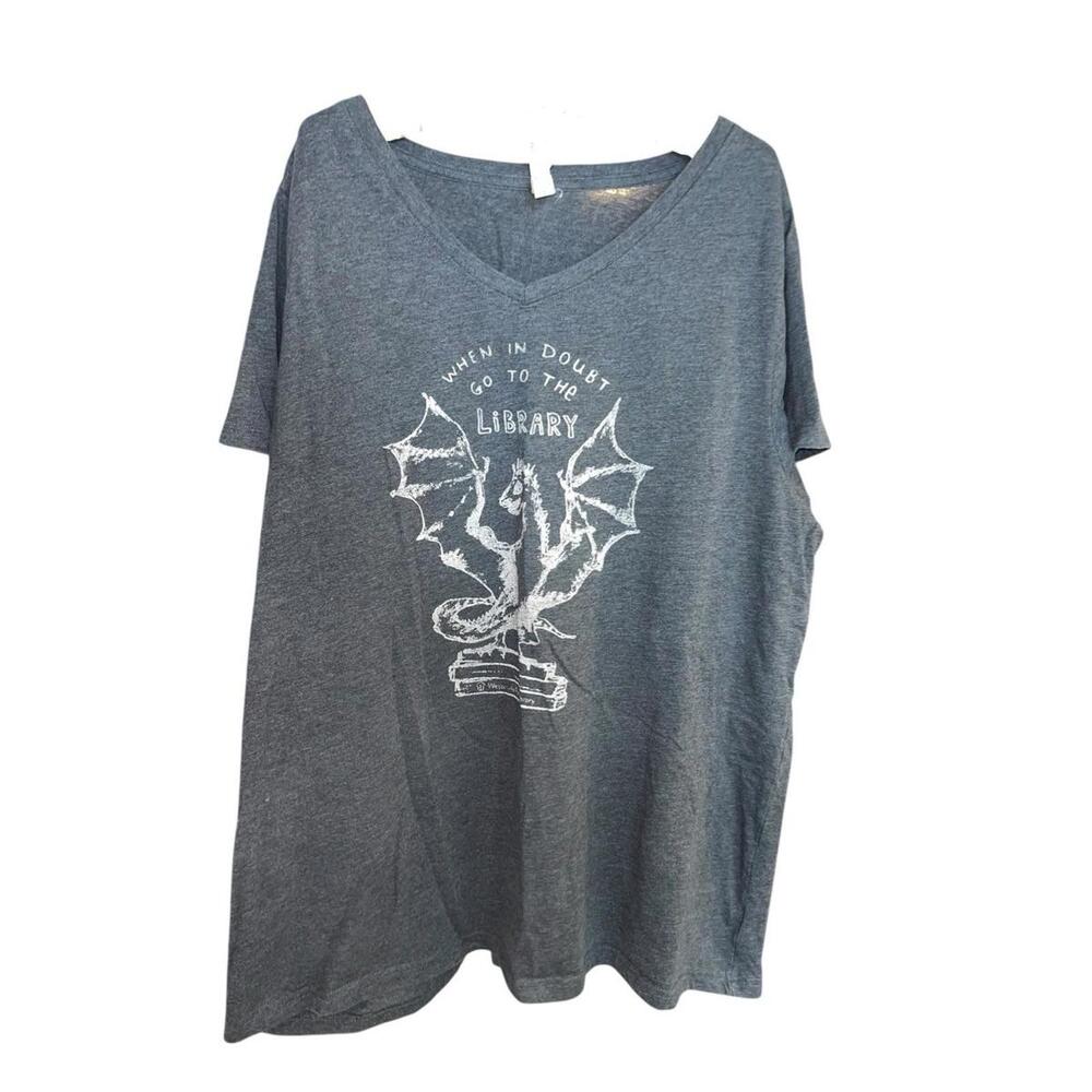 When In Doubt Go To The Library Dragon Graphic Tee Gray V-Neck Women's‎ 3X